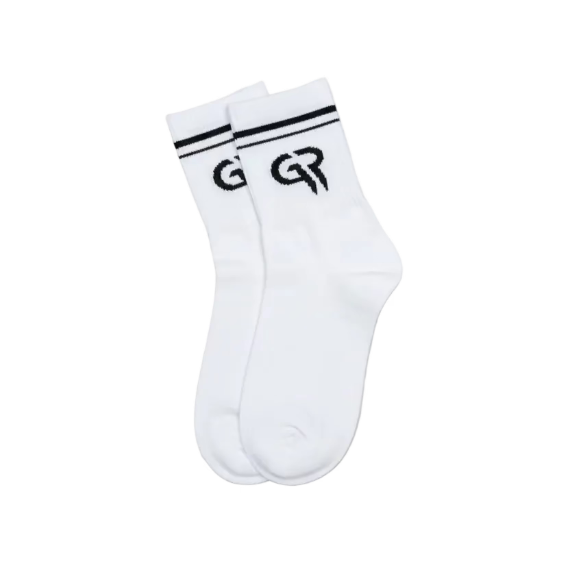 White sock with black logo on a brown background